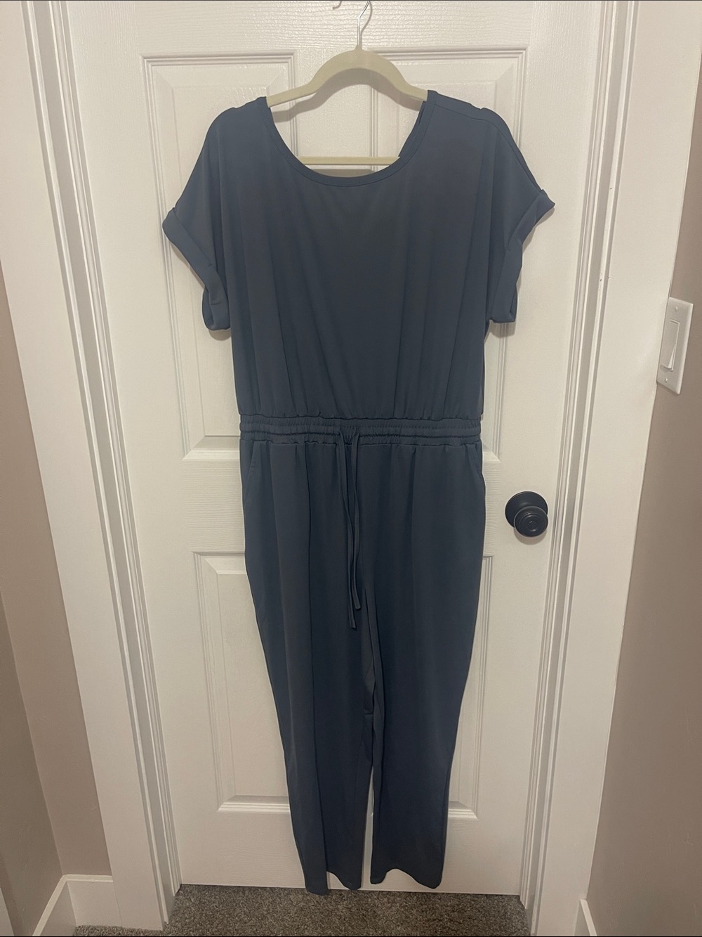 Relaxed Blue-Gray Short-Sleeve Drawstring Jumpsuit